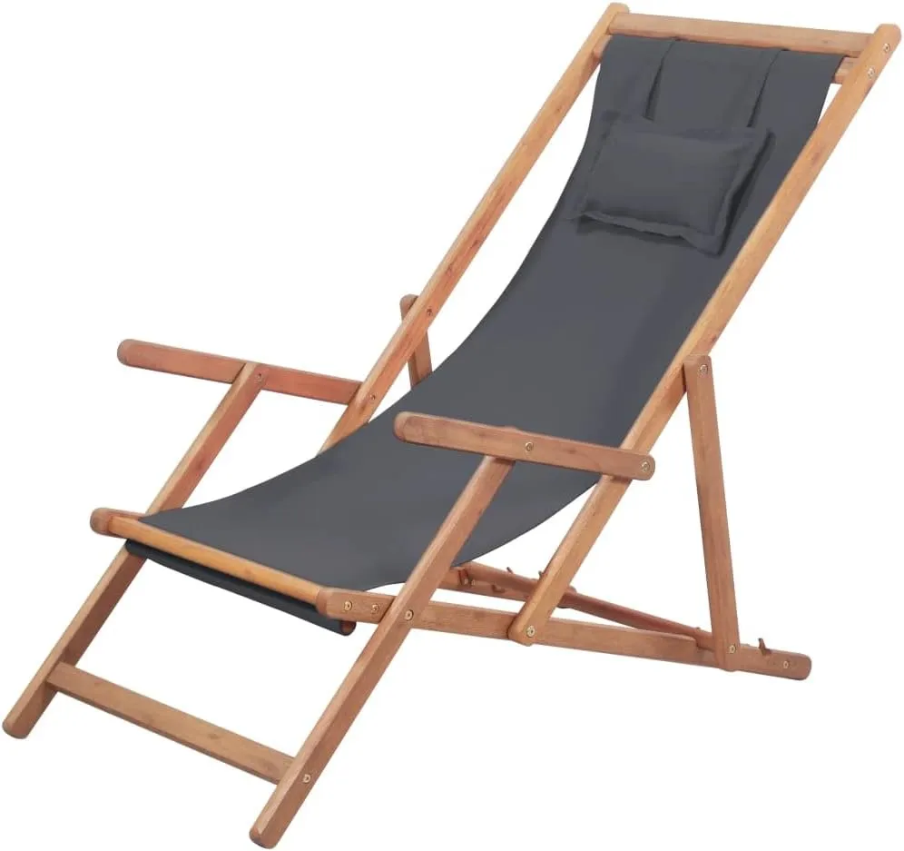 Portable Folding Beach Chair with Wooden Frame and Adjustable Recline, Gray