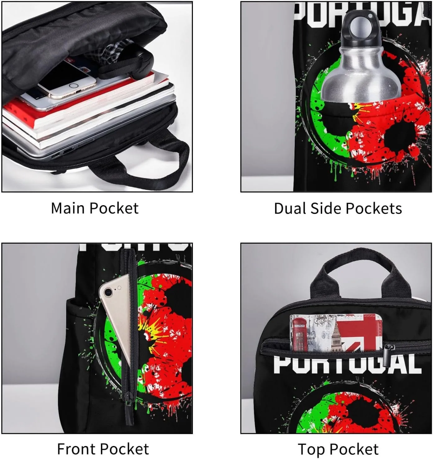 Portugal Soccer Portuguese Football Flag Casual Laptop Backpack Travel Rucksack Sports Daypack Adjustable Strap Bags with Multi-Pockets for Working Running Camping
