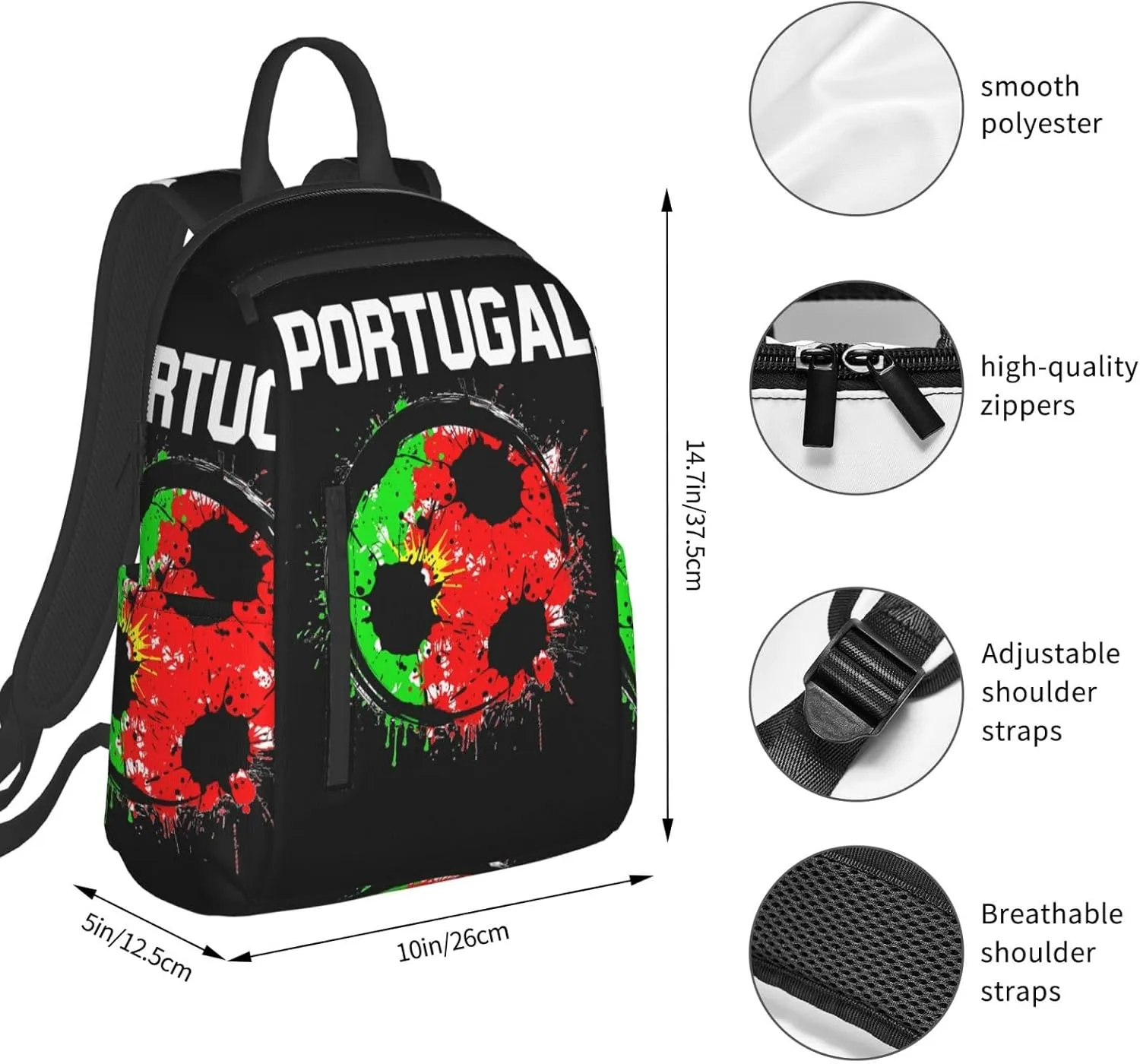 Portugal Soccer Portuguese Football Flag Casual Laptop Backpack Travel Rucksack Sports Daypack Adjustable Strap Bags with Multi-Pockets for Working Running Camping