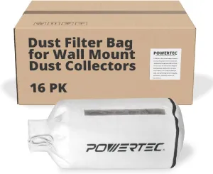 POWERTEC 70334-Case16 Dust Filter Bag for Wall Mount Dust Collectors, 1 Micron, For Grizzly, Shop Fox, Rockler Delta, Wen, and POWERTEC DC5371/ 5372, Case of 16 Pcs
