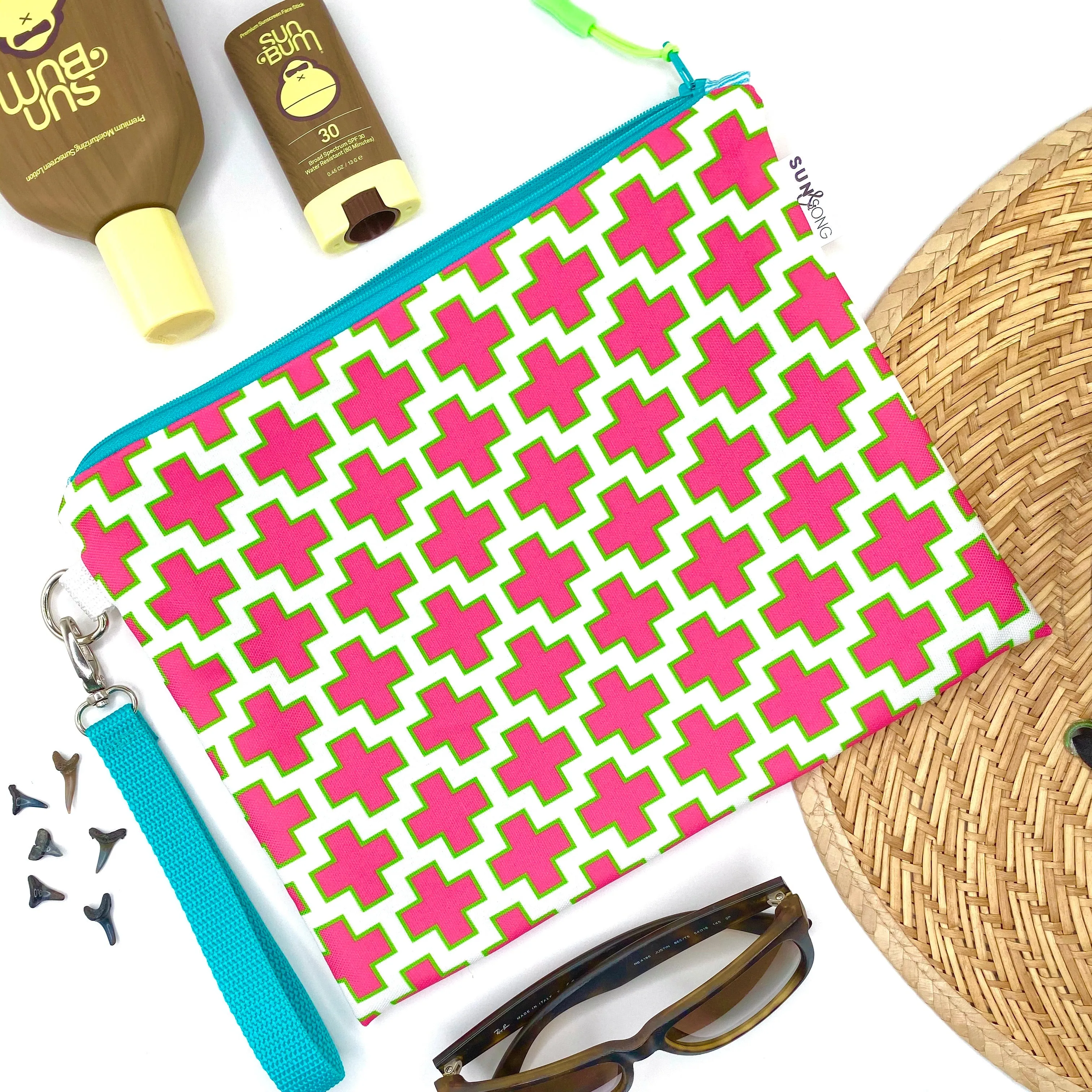 Preppy Plus Signs in Pink   Green, Water-Resistant Wet Bag