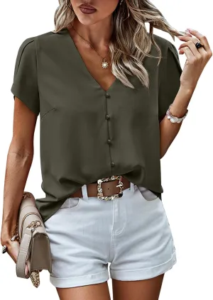 PRETTYGARDEN Short Sleeve Tops for Women 2025 Summer Spring Western Chiffon Blouses Dressy Casual Work Pearl Shirts