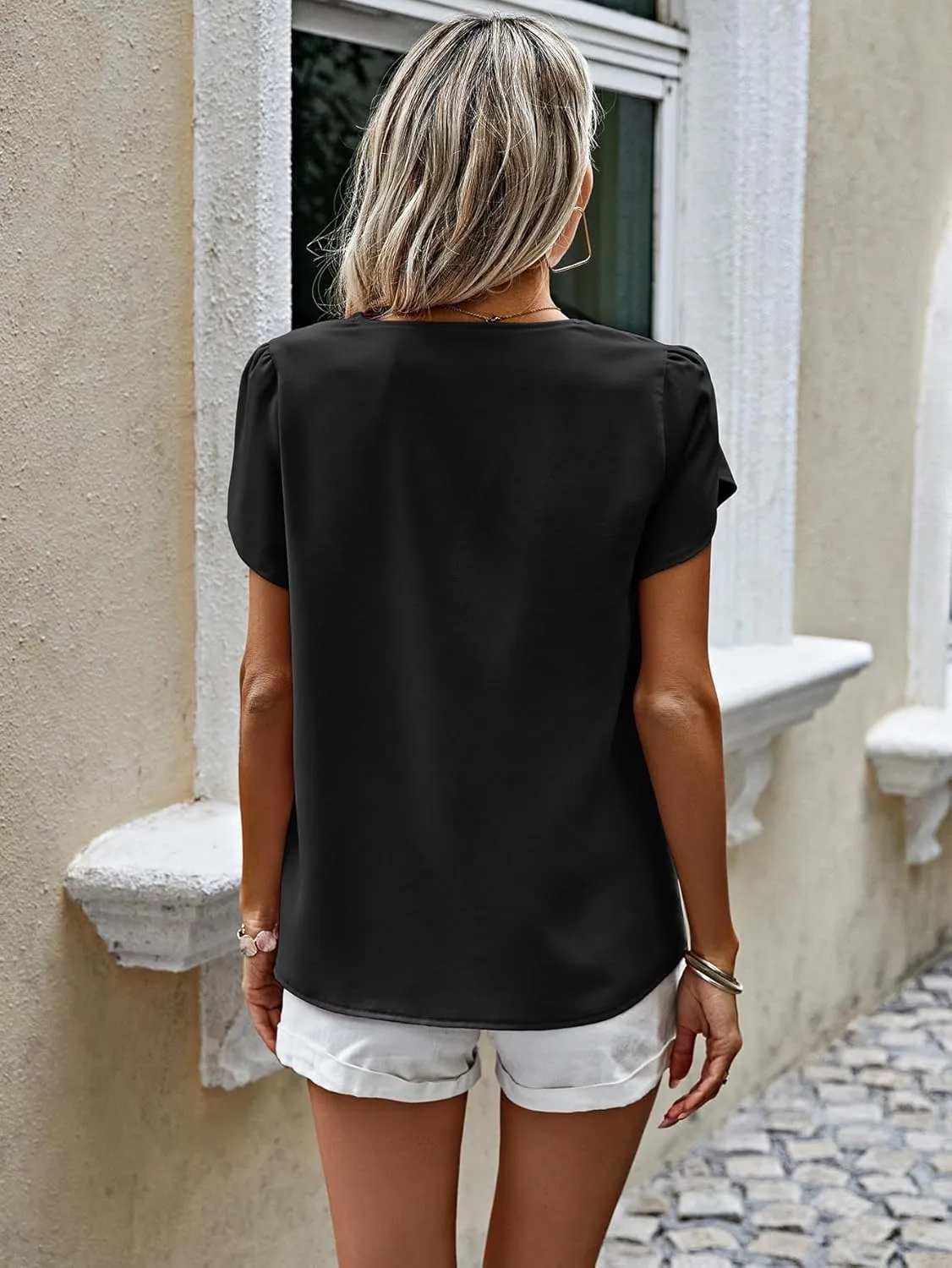 PRETTYGARDEN Short Sleeve Tops for Women 2025 Summer Spring Western Chiffon Blouses Dressy Casual Work Pearl Shirts