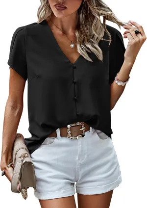 PRETTYGARDEN Short Sleeve Tops for Women 2025 Summer Spring Western Chiffon Blouses Dressy Casual Work Pearl Shirts