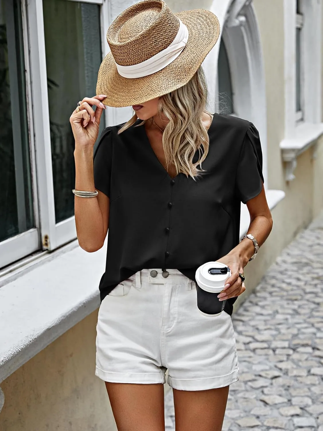 PRETTYGARDEN Short Sleeve Tops for Women 2025 Summer Spring Western Chiffon Blouses Dressy Casual Work Pearl Shirts