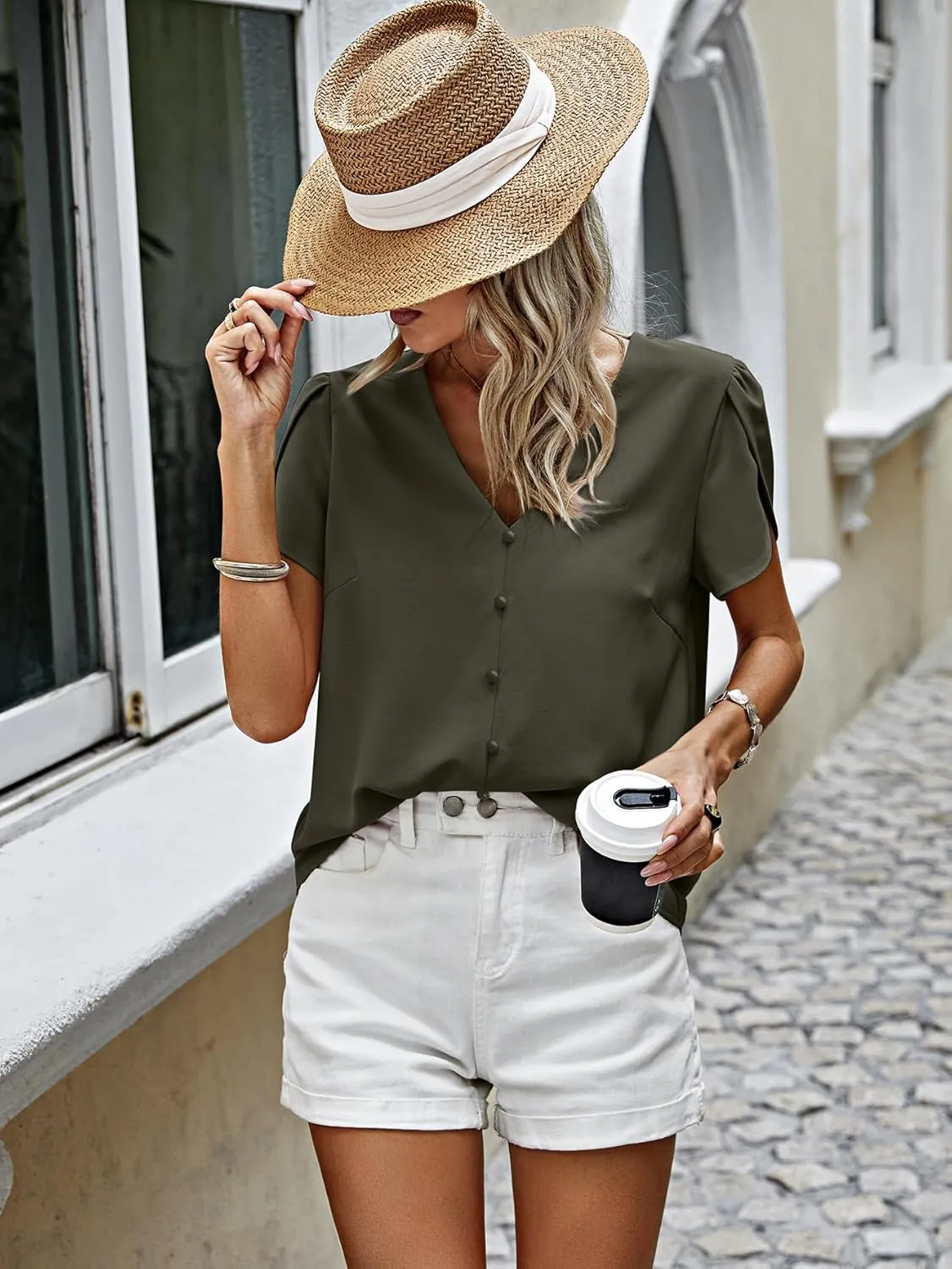 PRETTYGARDEN Short Sleeve Tops for Women 2025 Summer Spring Western Chiffon Blouses Dressy Casual Work Pearl Shirts