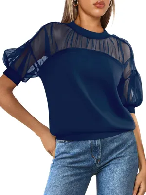 PRETTYGARDEN Women's 2025 Summer Crew Neck Short Sleeve Shirts Lace Going Out Sheer Mesh Crop Tops Dressy Casual Blouses