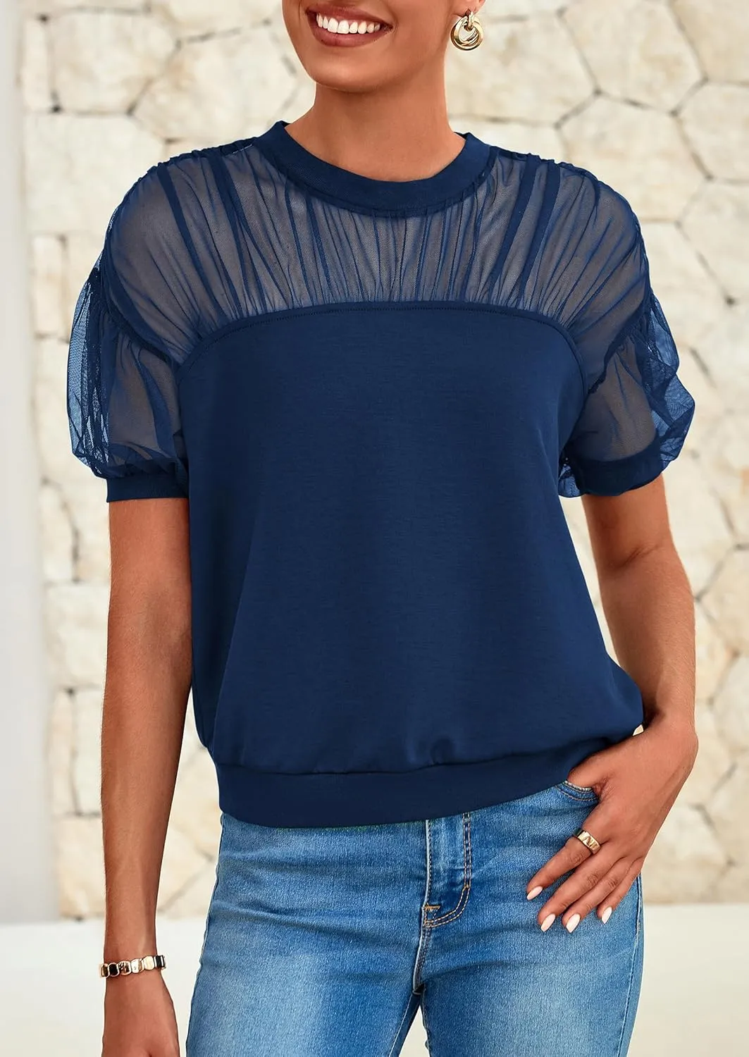 PRETTYGARDEN Women's 2025 Summer Crew Neck Short Sleeve Shirts Lace Going Out Sheer Mesh Crop Tops Dressy Casual Blouses