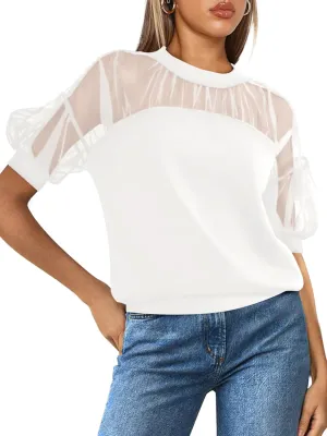 PRETTYGARDEN Women's 2025 Summer Crew Neck Short Sleeve Shirts Lace Going Out Sheer Mesh Crop Tops Dressy Casual Blouses