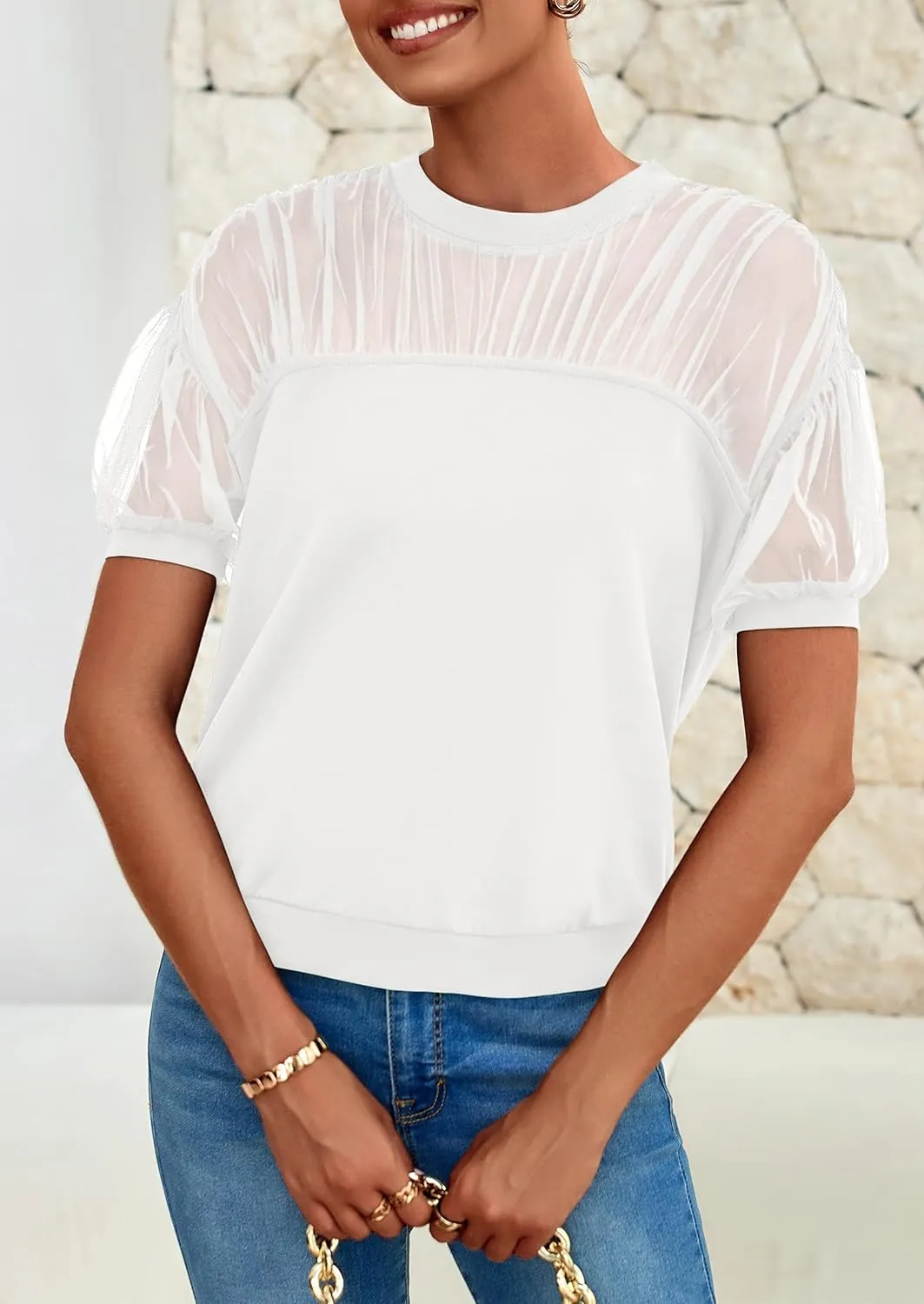 PRETTYGARDEN Women's 2025 Summer Crew Neck Short Sleeve Shirts Lace Going Out Sheer Mesh Crop Tops Dressy Casual Blouses