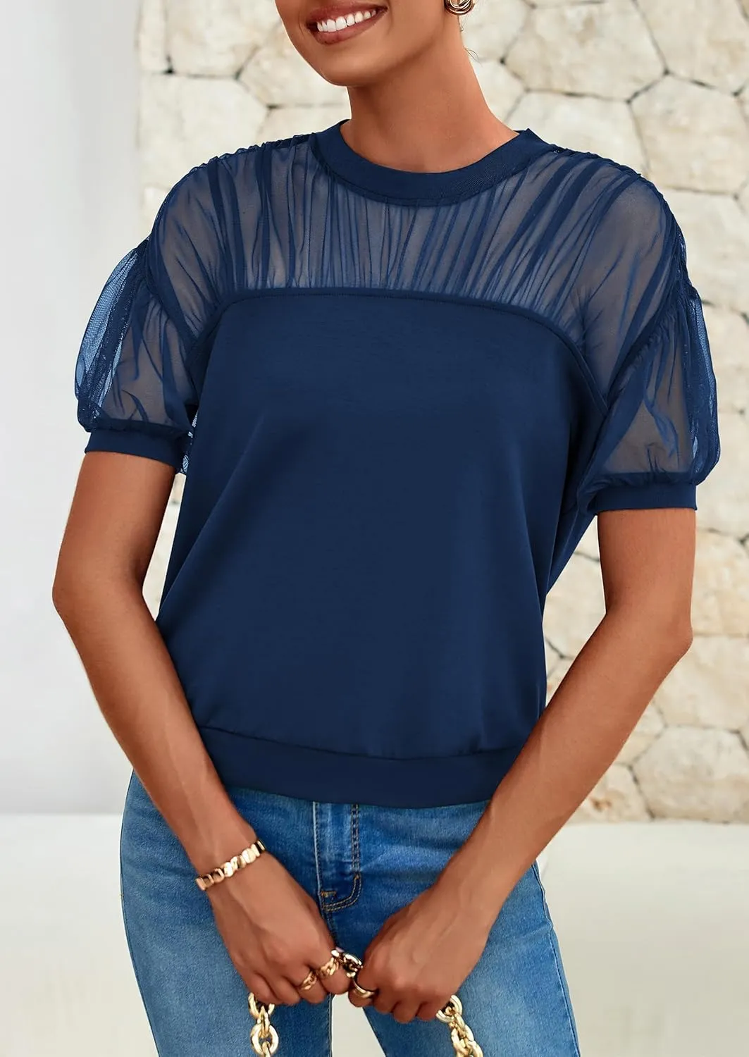 PRETTYGARDEN Women's 2025 Summer Crew Neck Short Sleeve Shirts Lace Going Out Sheer Mesh Crop Tops Dressy Casual Blouses