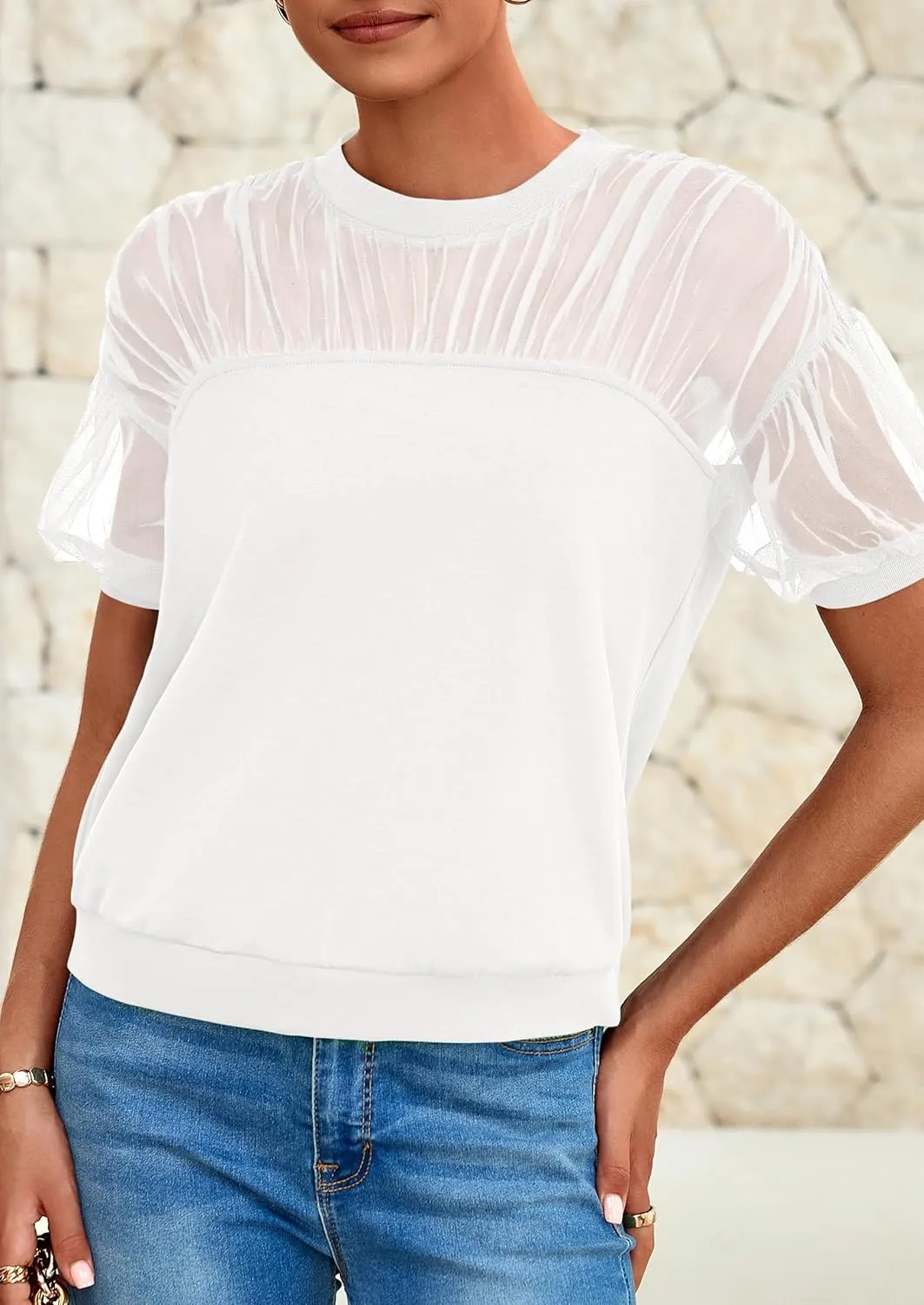 PRETTYGARDEN Women's 2025 Summer Crew Neck Short Sleeve Shirts Lace Going Out Sheer Mesh Crop Tops Dressy Casual Blouses