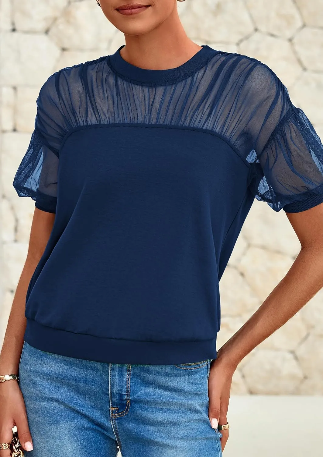 PRETTYGARDEN Women's 2025 Summer Crew Neck Short Sleeve Shirts Lace Going Out Sheer Mesh Crop Tops Dressy Casual Blouses