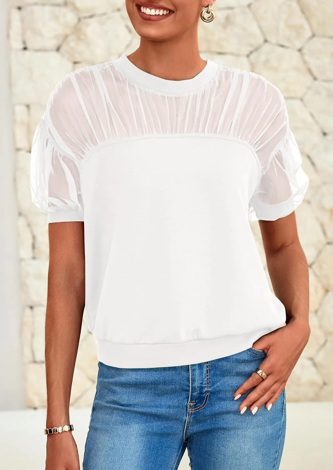PRETTYGARDEN Women's 2025 Summer Crew Neck Short Sleeve Shirts Lace Going Out Sheer Mesh Crop Tops Dressy Casual Blouses