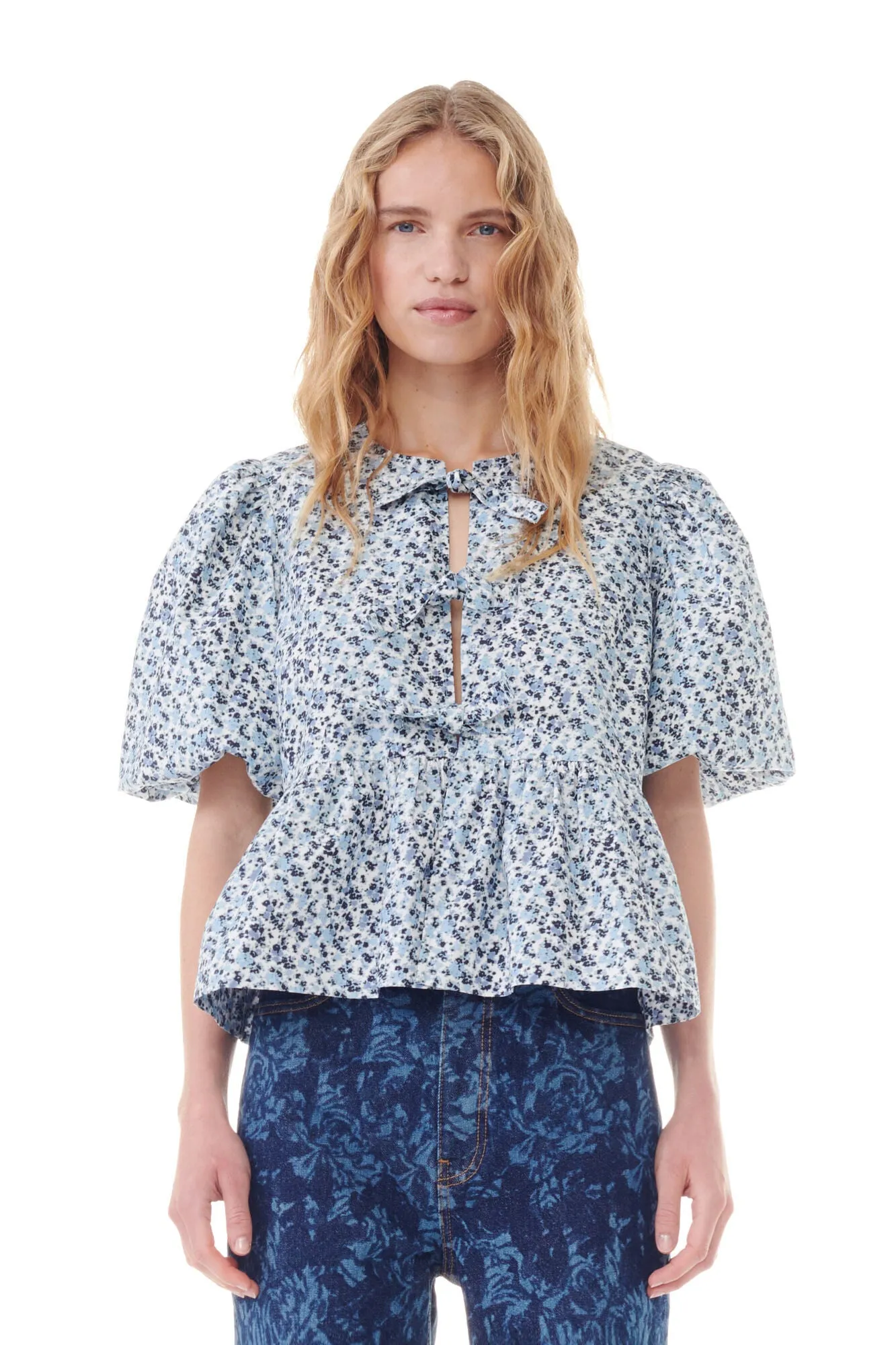 Printed Cotton Poplin Peplum Blouse - Glacier Lake