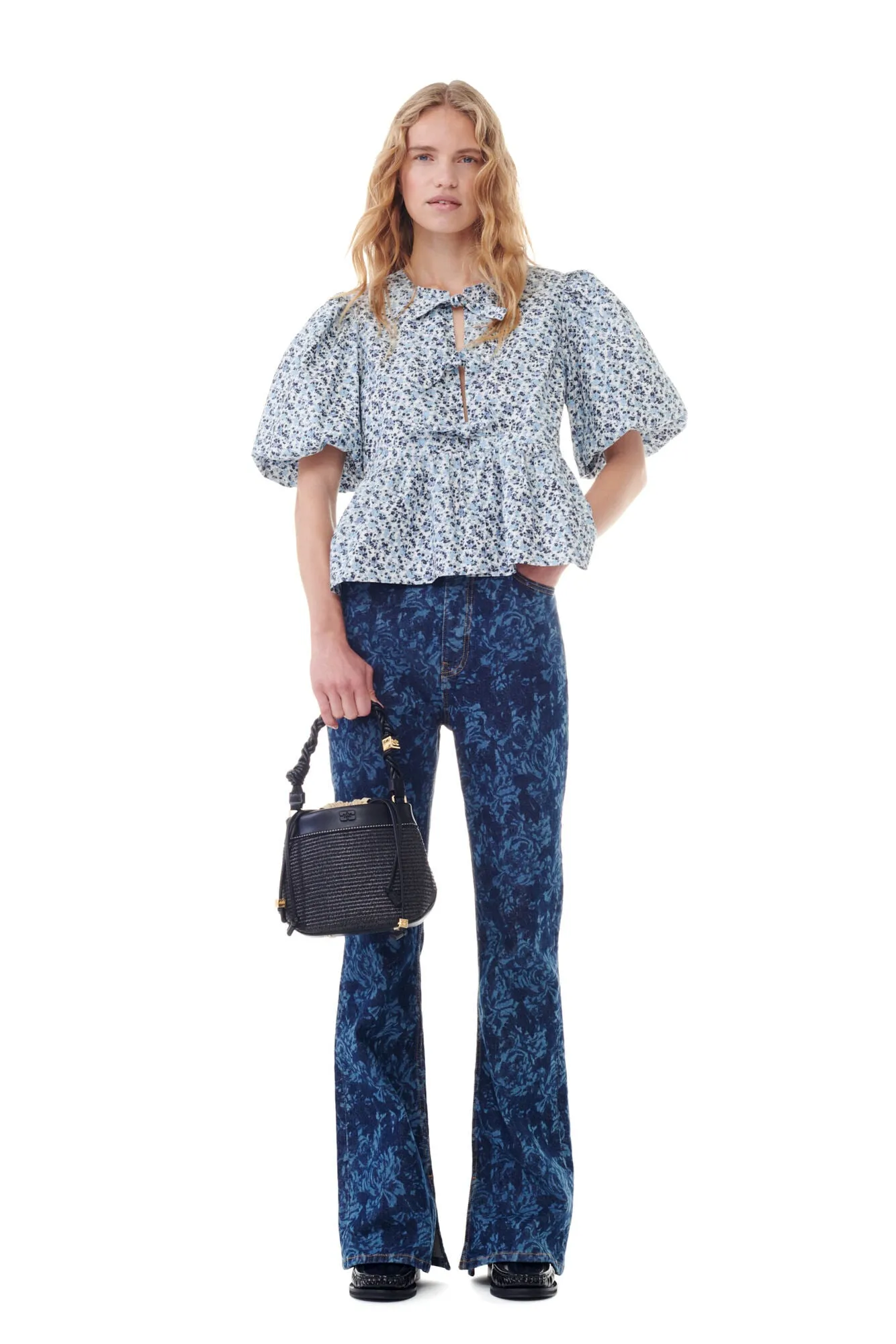 Printed Cotton Poplin Peplum Blouse - Glacier Lake