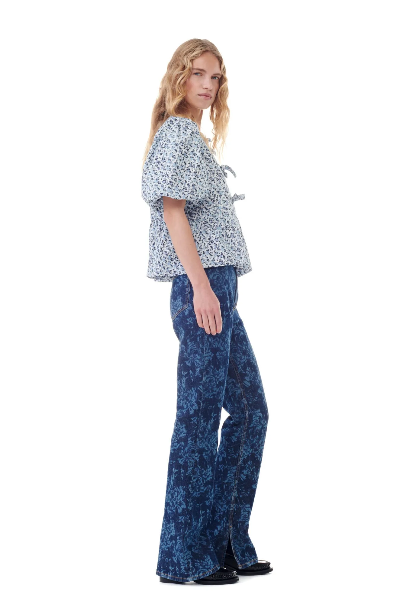 Printed Cotton Poplin Peplum Blouse - Glacier Lake