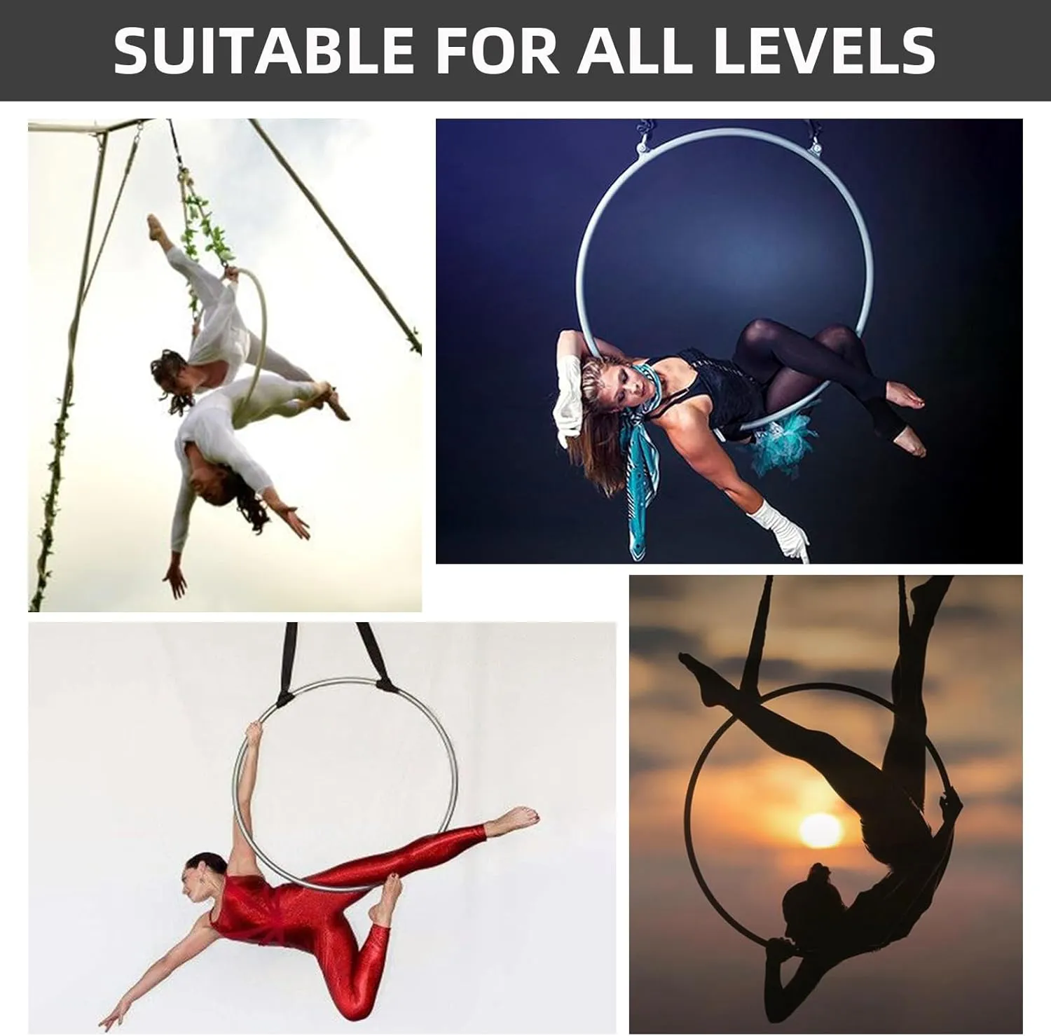 PRIOR FITNESS 2 Point Aerial Hoop, Stainless Steel Aerial Lyra Hoop, Classcial Double Point Aerial Ring Equipment with Complete Rigging Hardware, Circus Fitness Aerial Hoop Kit
