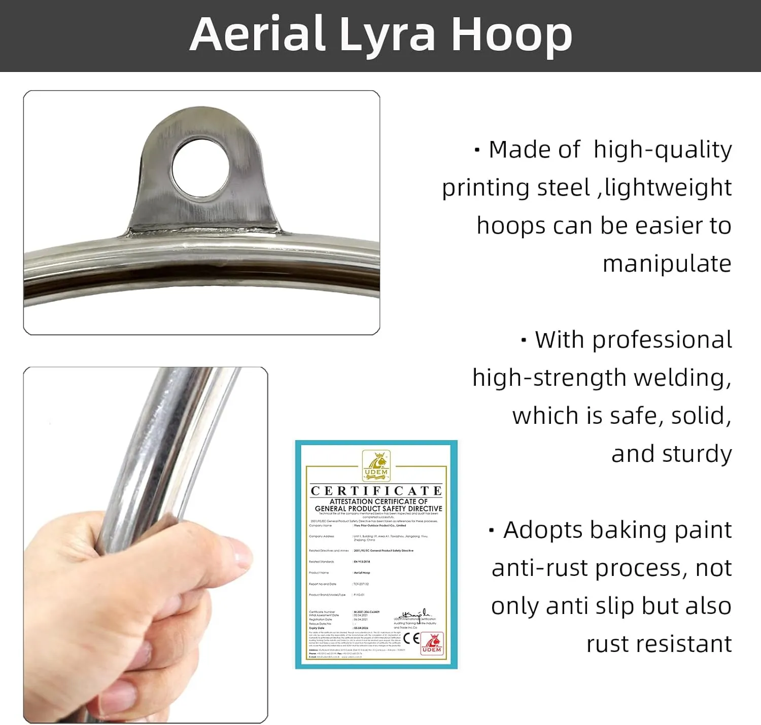 PRIOR FITNESS 2 Point Aerial Hoop, Stainless Steel Aerial Lyra Hoop, Classcial Double Point Aerial Ring Equipment with Complete Rigging Hardware, Circus Fitness Aerial Hoop Kit