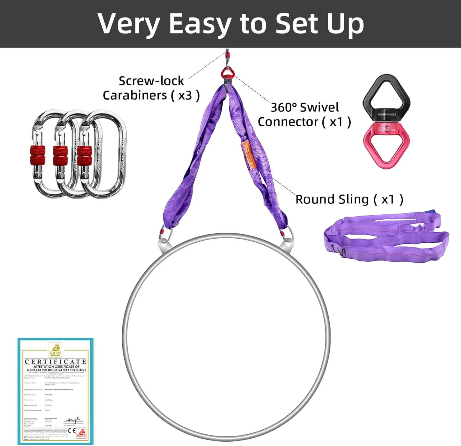 PRIOR FITNESS 2 Point Aerial Hoop, Stainless Steel Aerial Lyra Hoop, Classcial Double Point Aerial Ring Equipment with Complete Rigging Hardware, Circus Fitness Aerial Hoop Kit