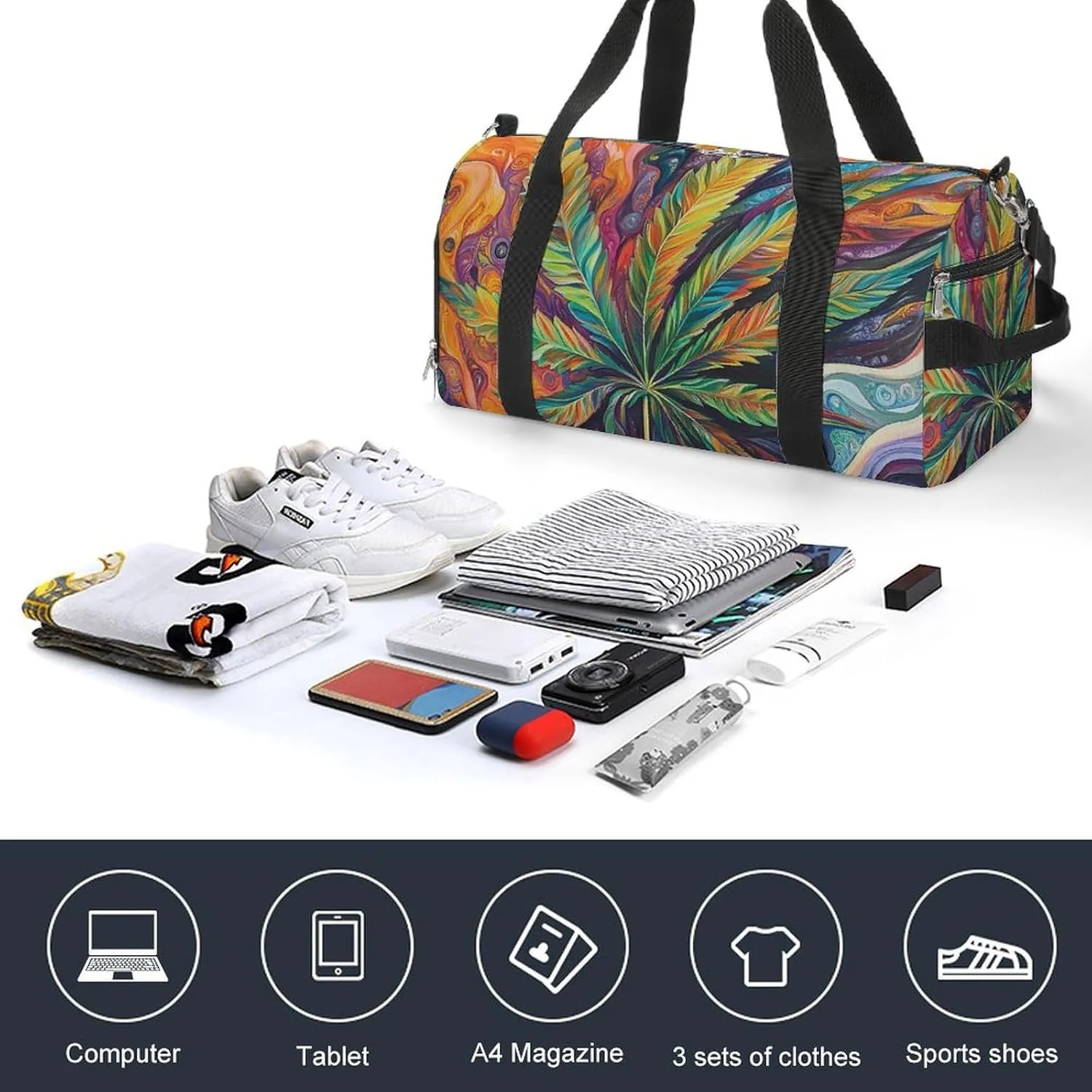 Psychedelic Magic Cannabis Leafs Fitness Large Gym Bag for Unisex with Shoe Compartment & Wet Pocket