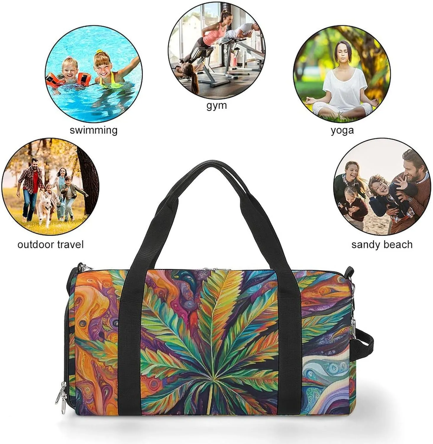 Psychedelic Magic Cannabis Leafs Fitness Large Gym Bag for Unisex with Shoe Compartment & Wet Pocket