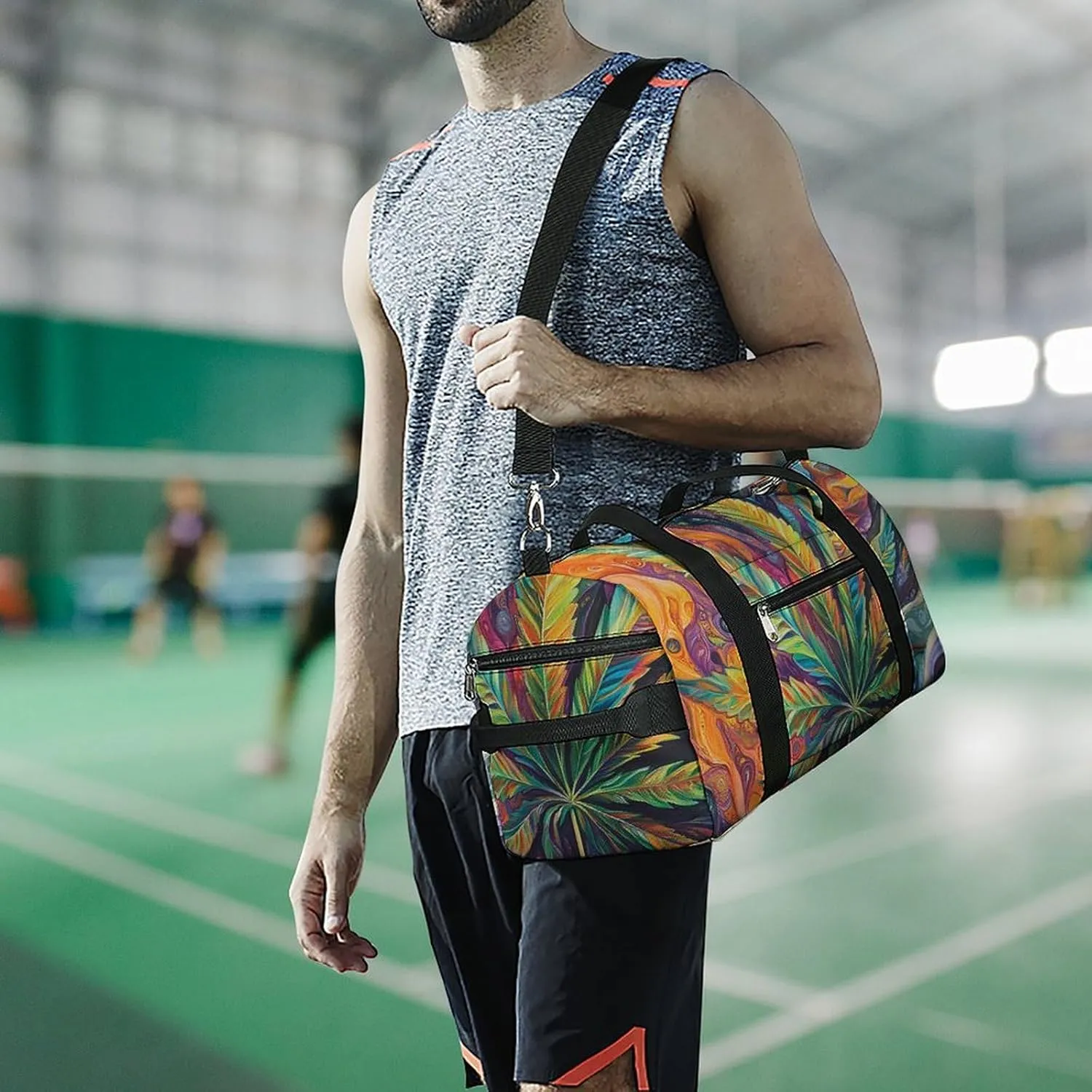 Psychedelic Magic Cannabis Leafs Fitness Large Gym Bag for Unisex with Shoe Compartment & Wet Pocket