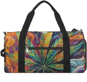 Psychedelic Magic Cannabis Leafs Fitness Large Gym Bag for Unisex with Shoe Compartment & Wet Pocket
