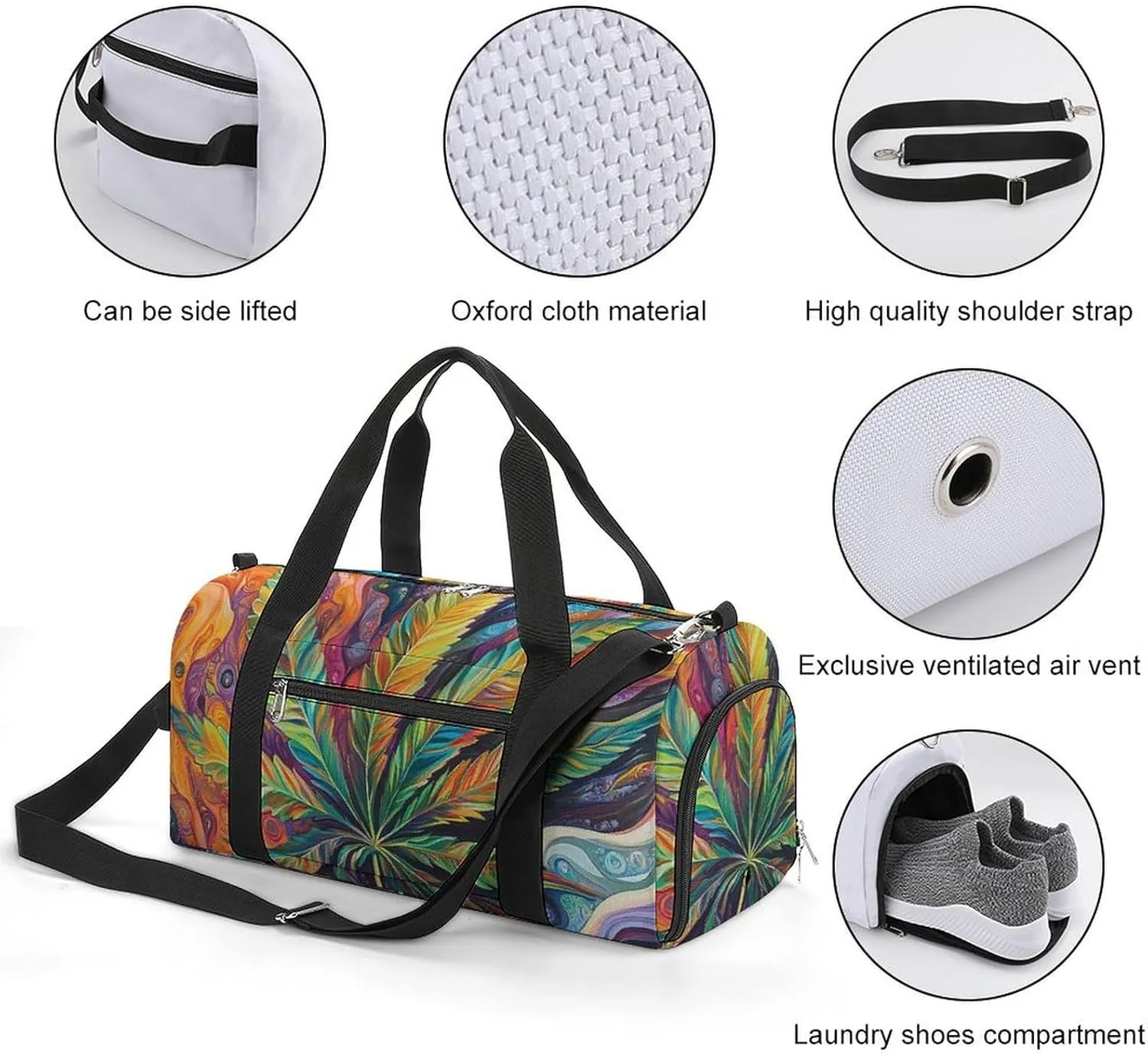 Psychedelic Magic Cannabis Leafs Fitness Large Gym Bag for Unisex with Shoe Compartment & Wet Pocket