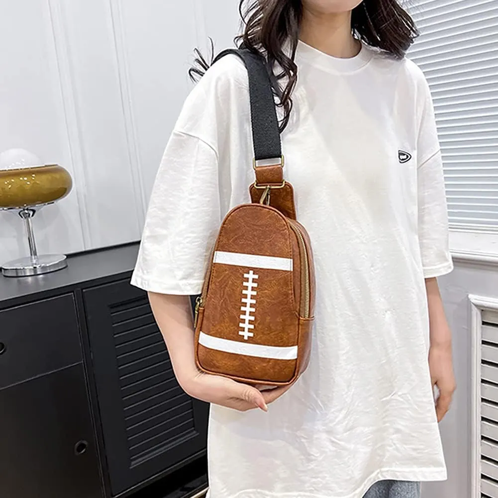 Pu Leather Football Print Sling Bag For Women, American Baseball Rugby Sports Chest Bag, Men's Travel Crossbody Bag