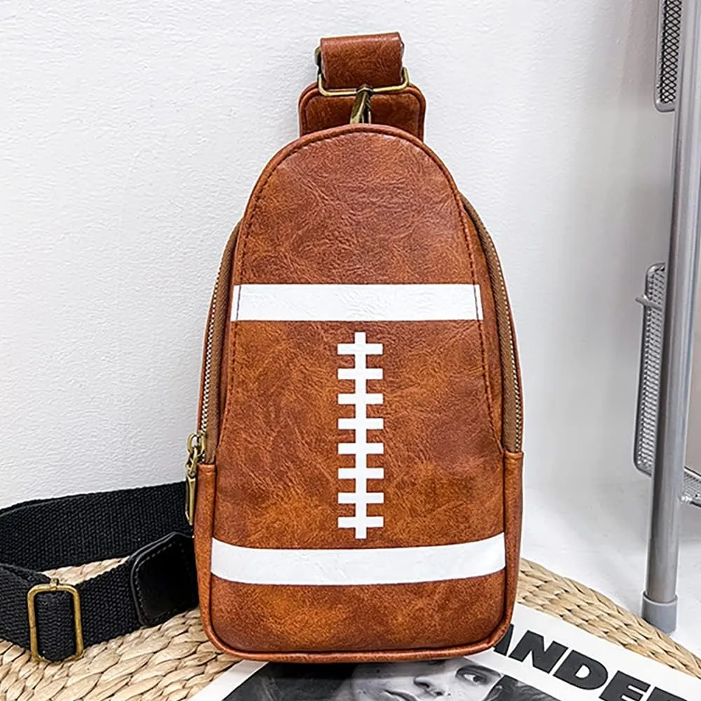 Pu Leather Football Print Sling Bag For Women, American Baseball Rugby Sports Chest Bag, Men's Travel Crossbody Bag