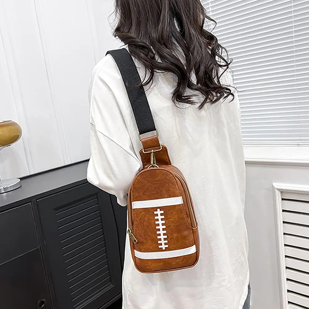 Pu Leather Football Print Sling Bag For Women, American Baseball Rugby Sports Chest Bag, Men's Travel Crossbody Bag