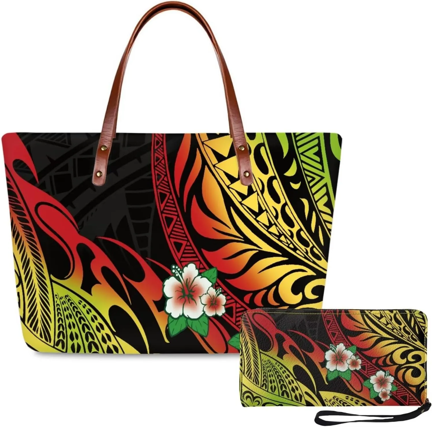 PU Leather Purse Samoan Polynesian Tribal Large Capacity Tote Bag Shoulder Bags Wallet Set 2pcs Shoulder Bags