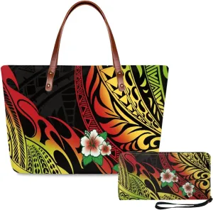 PU Leather Purse Samoan Polynesian Tribal Large Capacity Tote Bag Shoulder Bags Wallet Set 2pcs Shoulder Bags