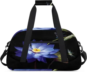 Purple Lotus Gym Duffel Bag for Men Women Dragonflies Sports Tote Bag with Adjustable Shoulder Strap for Dance Gymnastics Traveling Outdoor Camping Overnight Stay