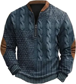 Quarter Zip Sweatshirts for Men Vintage Long Sleeve 3D Knit Pattern Golf Polo Shirts Stand Collar Pullover Sweater