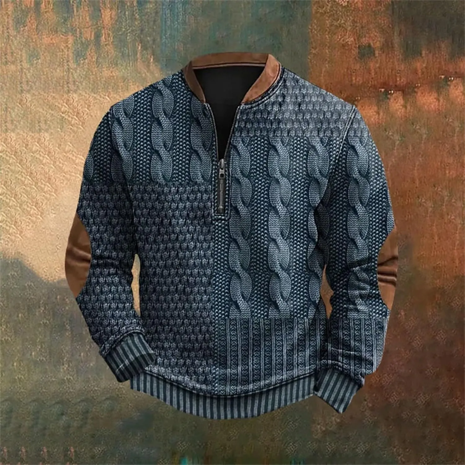 Quarter Zip Sweatshirts for Men Vintage Long Sleeve 3D Knit Pattern Golf Polo Shirts Stand Collar Pullover Sweater