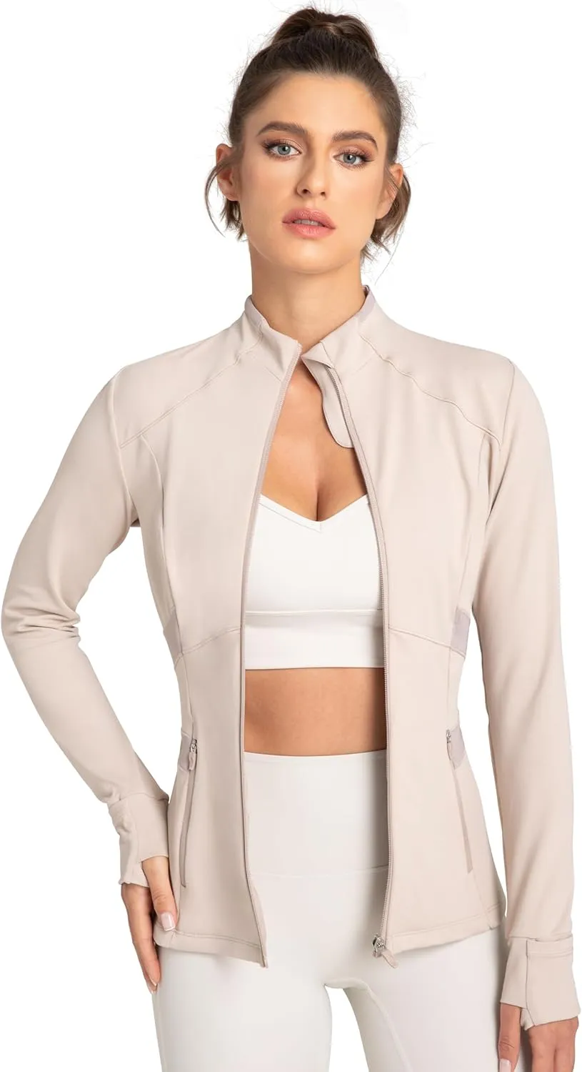 QUEENIEKE Women's Slim Fit Workout Jackets - Zip Up Athletic Running Jacket with Color-blocked Mesh & Thumb Holes