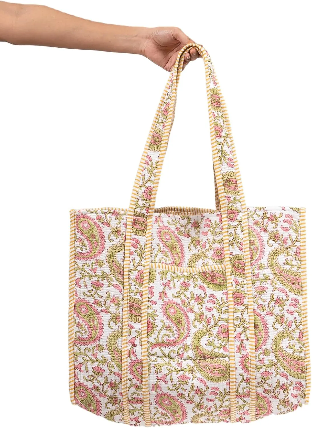 Quilted Large Cotton Fabric Tote Bag For Travel Grocery Shopping Weekend Trips with Inside and Outside Pocket