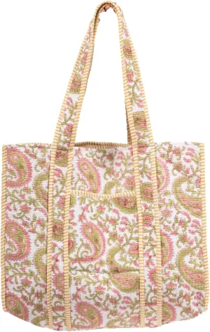 Quilted Large Cotton Fabric Tote Bag For Travel Grocery Shopping Weekend Trips with Inside and Outside Pocket
