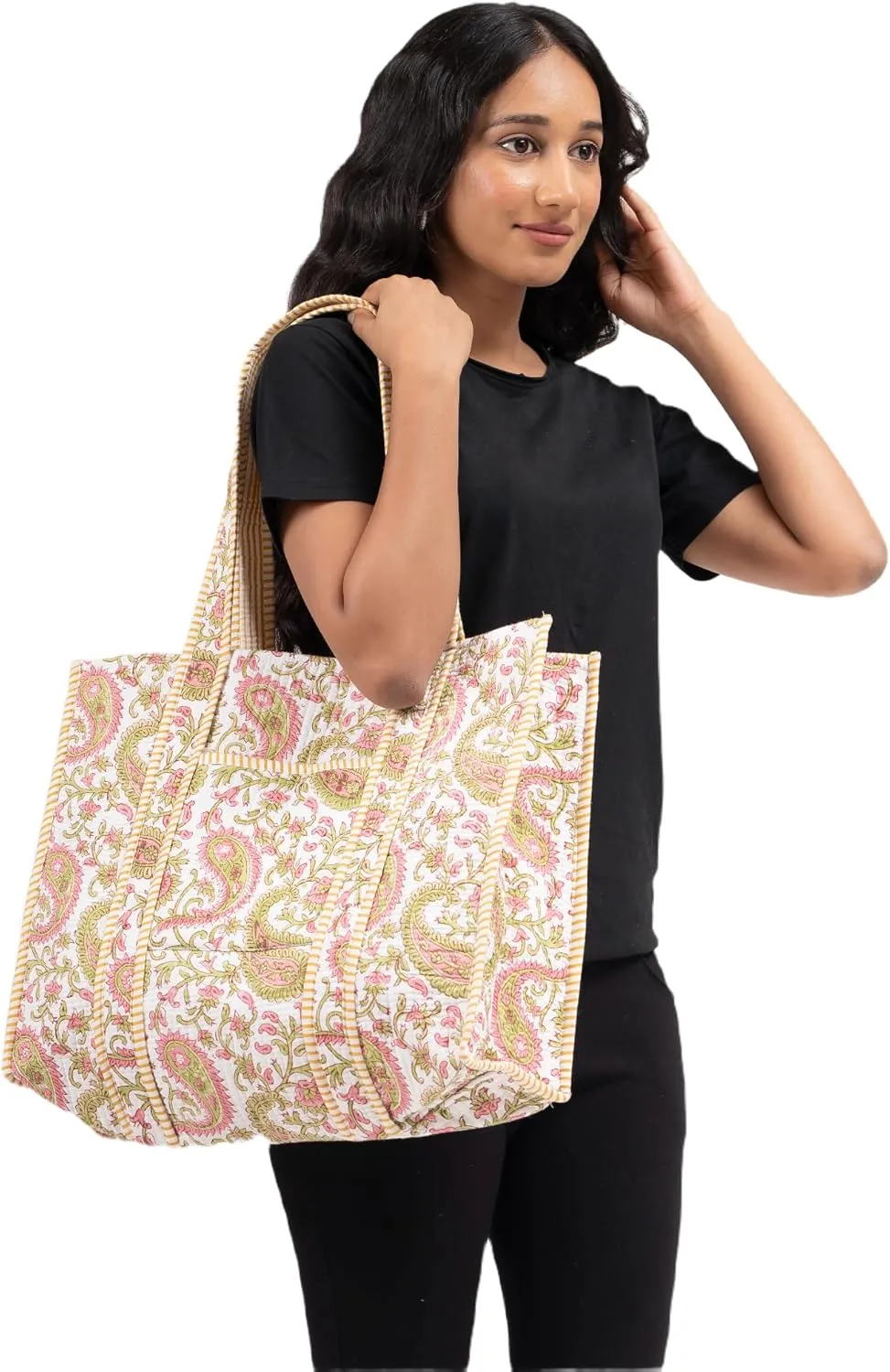 Quilted Large Cotton Fabric Tote Bag For Travel Grocery Shopping Weekend Trips with Inside and Outside Pocket