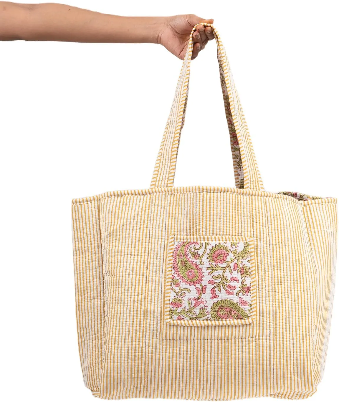 Quilted Large Cotton Fabric Tote Bag For Travel Grocery Shopping Weekend Trips with Inside and Outside Pocket