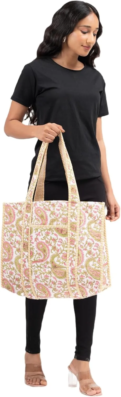 Quilted Large Cotton Fabric Tote Bag For Travel Grocery Shopping Weekend Trips with Inside and Outside Pocket