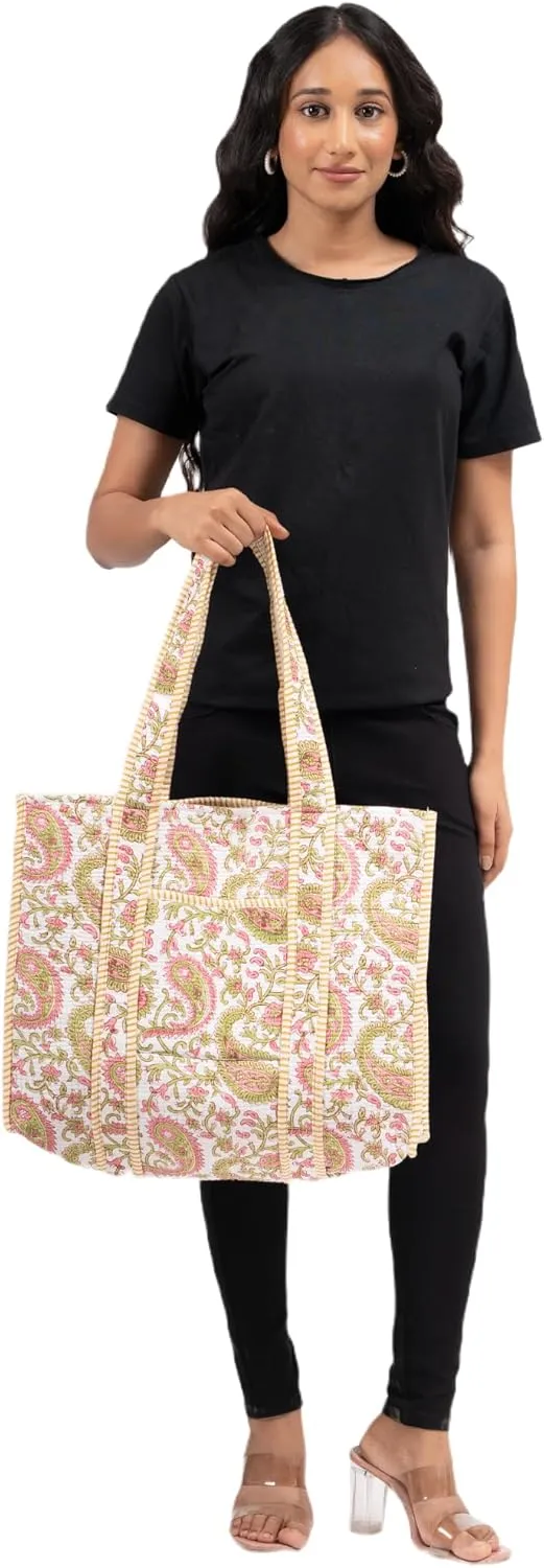 Quilted Large Cotton Fabric Tote Bag For Travel Grocery Shopping Weekend Trips with Inside and Outside Pocket