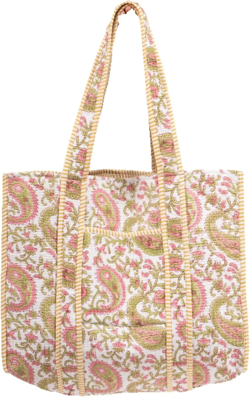 Quilted Large Cotton Fabric Tote Bag For Travel Grocery Shopping Weekend Trips with Inside and Outside Pocket