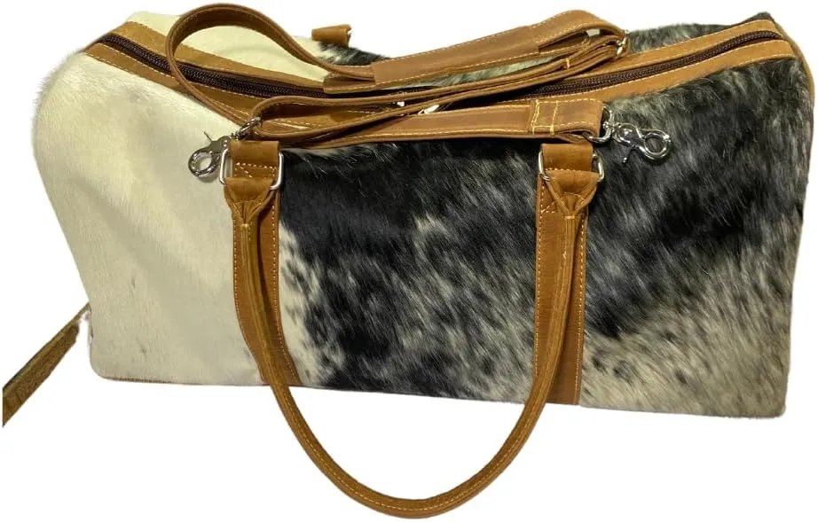 "Premium Cowhide Duffel Bag – Leather Travel, Overnight, Weekender & Gym Duffle with Pony Skin Detailing – Durable, Stylish & Spacious" (20 inch)
