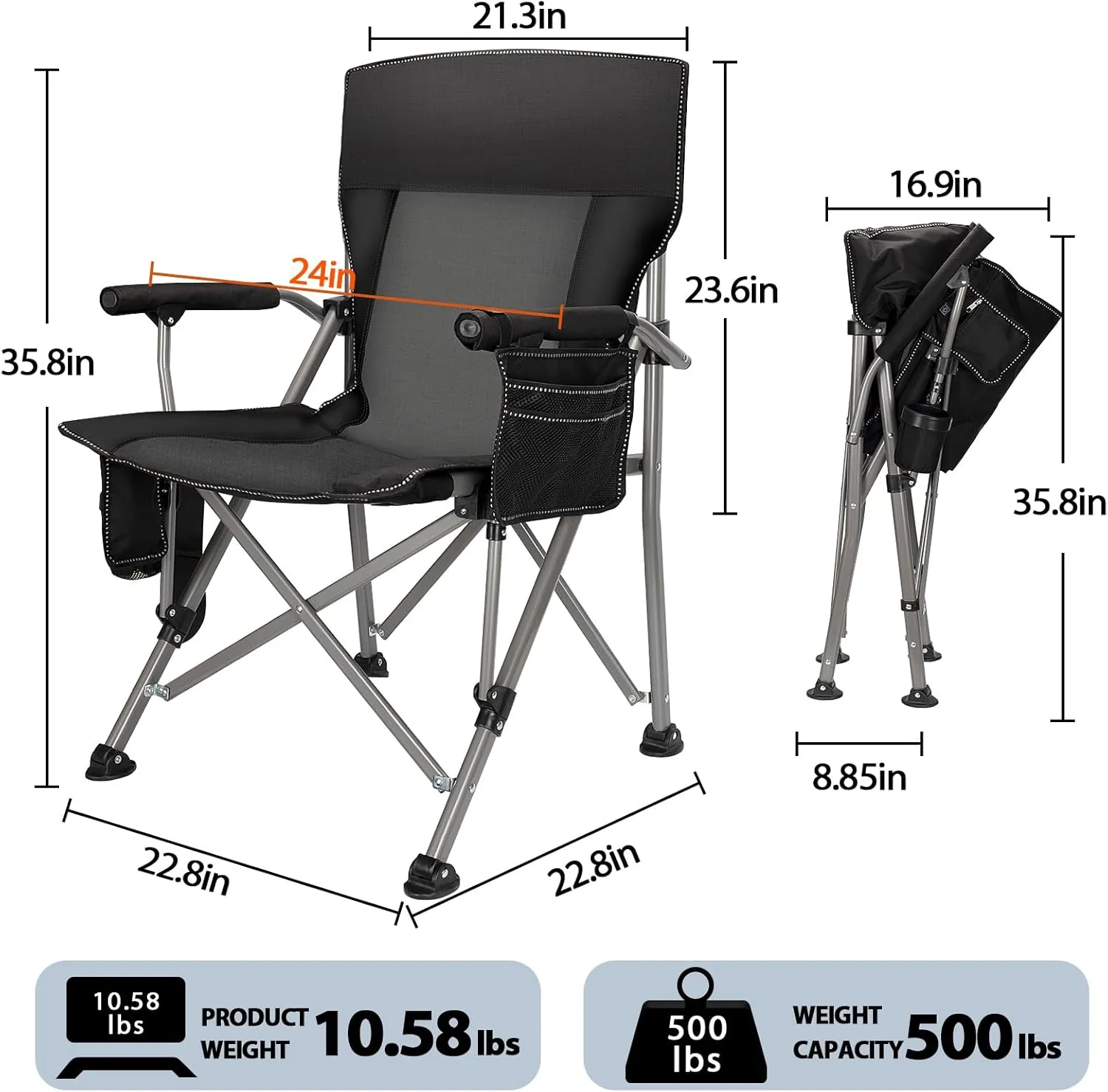 QUYUAN Heated Camping Chair with 20,000 mAh Battery, Fully Padded Heated Camp Chairs, Loog-Lasting for 500 Mins, Heavy Duty Folding Chairs Supports 500 lbs for Camping, Outdoor Sports, Picnics, Beach