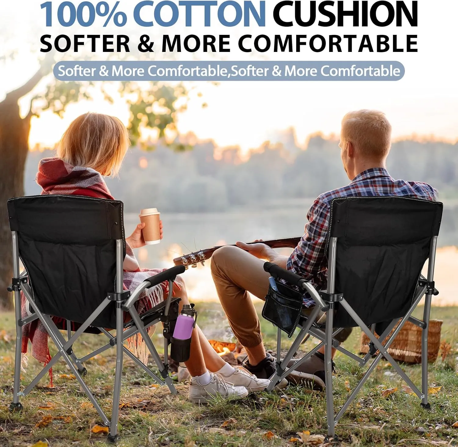 QUYUAN Heated Camping Chair with 20,000 mAh Battery, Fully Padded Heated Camp Chairs, Loog-Lasting for 500 Mins, Heavy Duty Folding Chairs Supports 500 lbs for Camping, Outdoor Sports, Picnics, Beach