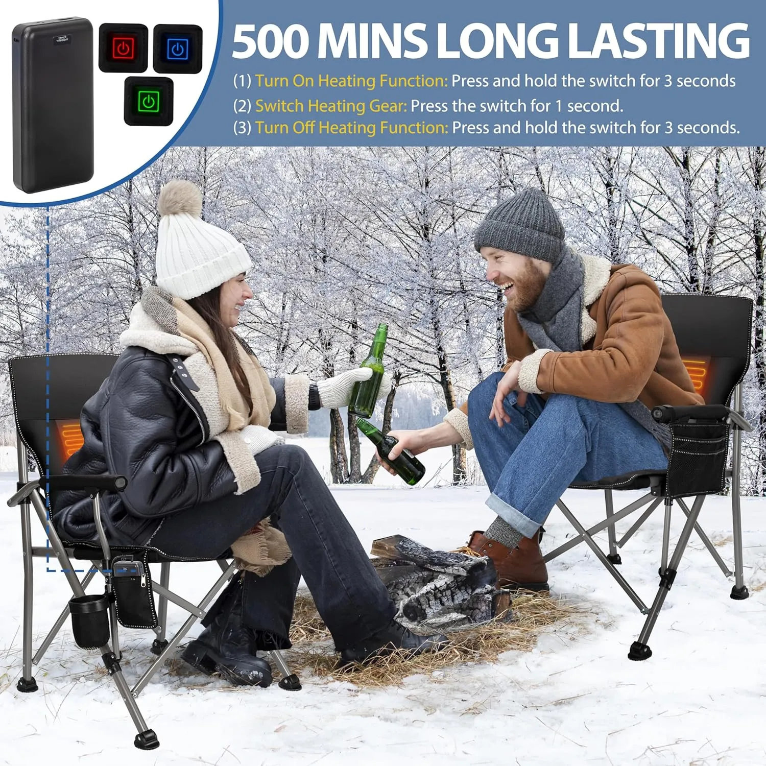 QUYUAN Heated Camping Chair with 20,000 mAh Battery, Fully Padded Heated Camp Chairs, Loog-Lasting for 500 Mins, Heavy Duty Folding Chairs Supports 500 lbs for Camping, Outdoor Sports, Picnics, Beach