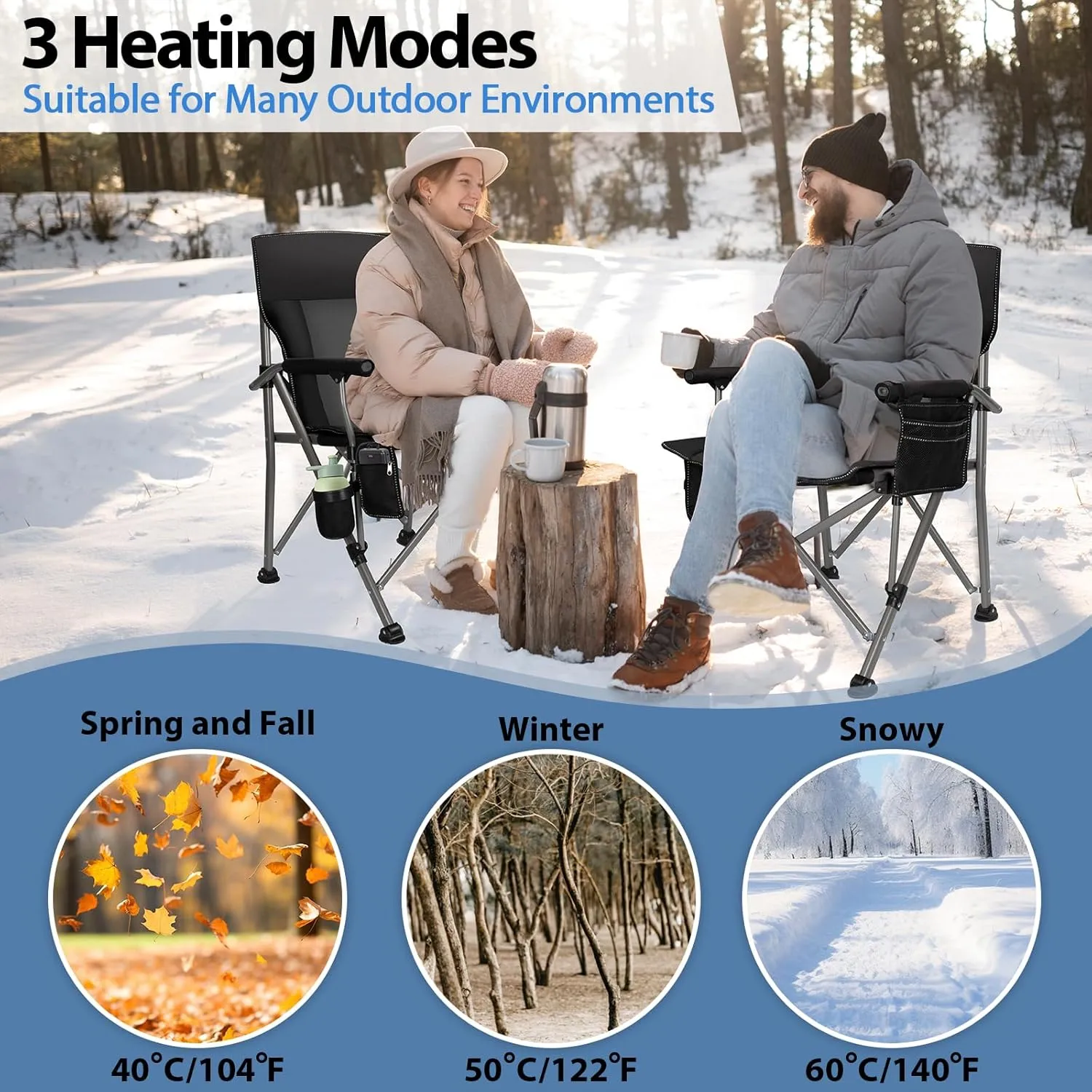 QUYUAN Heated Camping Chair with 20,000 mAh Battery, Fully Padded Heated Camp Chairs, Loog-Lasting for 500 Mins, Heavy Duty Folding Chairs Supports 500 lbs for Camping, Outdoor Sports, Picnics, Beach
